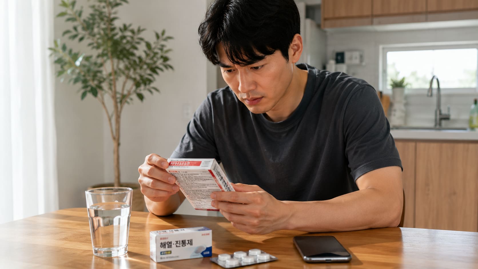 술 먹고 타이레놀 복용 전 성분과 용량을 확인하는 모습